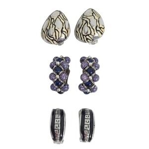 Silver‎ Black Blue Ivory Hoop & Beaded Clip Earrings (Set of 3)